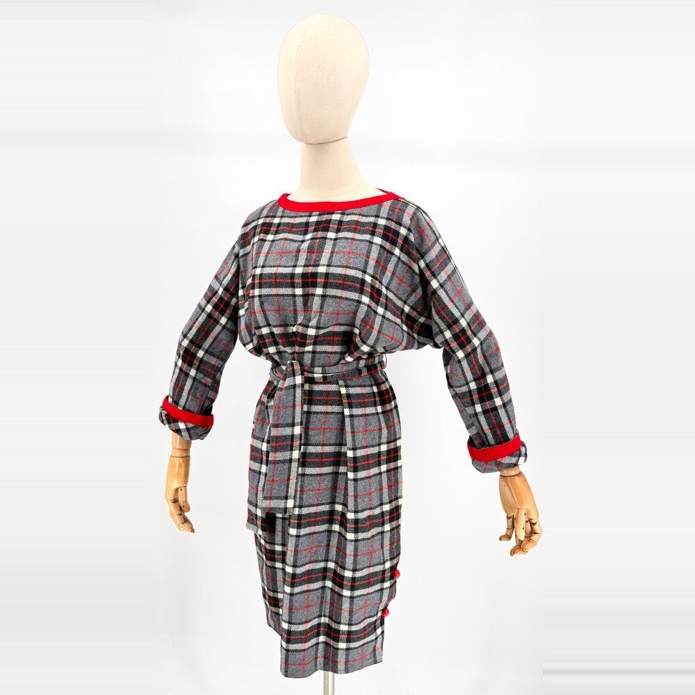 Vintage 60s Gray Red Plaid Dolman Sleeve Belted Midi Dress